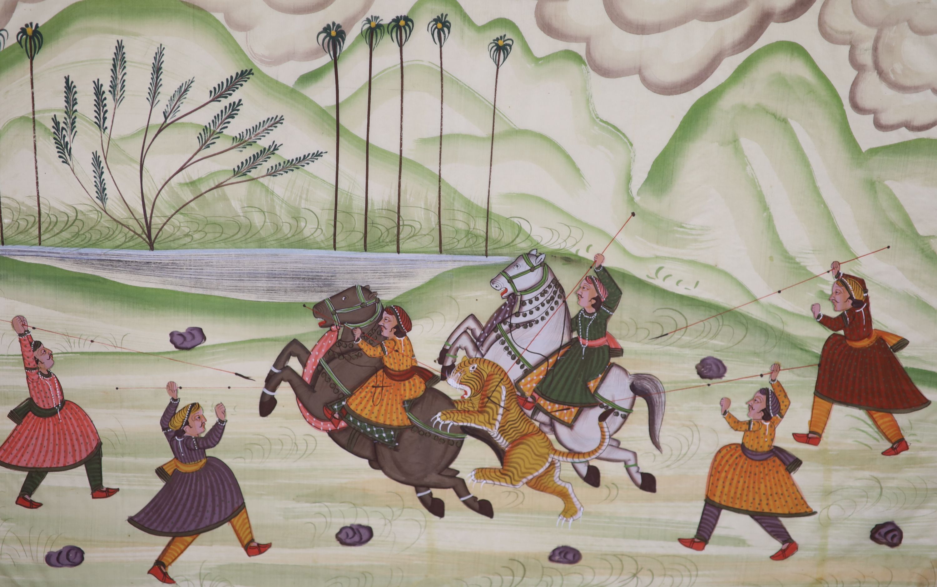 Indian School, pair of gouache on fabric, Tiger hunting scenes, 40 x 66cm, unframed, but wrapped around the stretcher